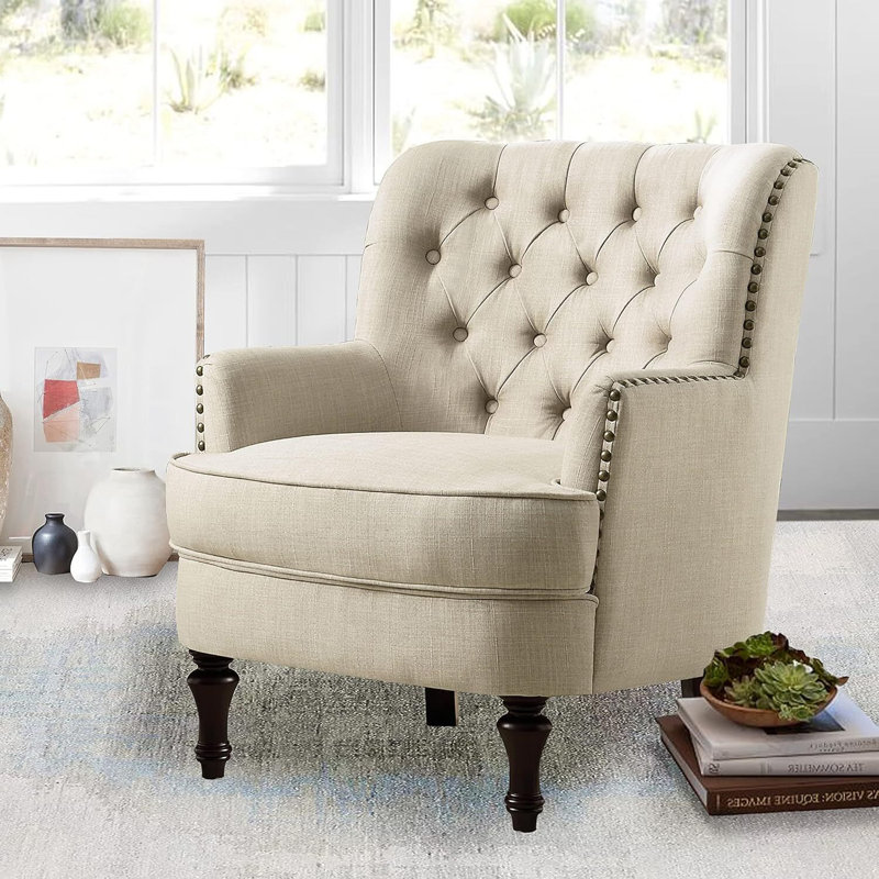 Mid-Century Modern Lounge Arm Cozy Upholstered Tufted Accent Chair with Soft Cushion for Living Room, Bedroom Small Spaces, Standard, Beige