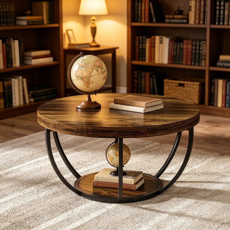 Table basse ronde, table basse circulaire en bois à 2 niveaux de 31,7 pouces avec tablettes de rangement, table d'appoint moderne pour le salon, brun rustique et noir