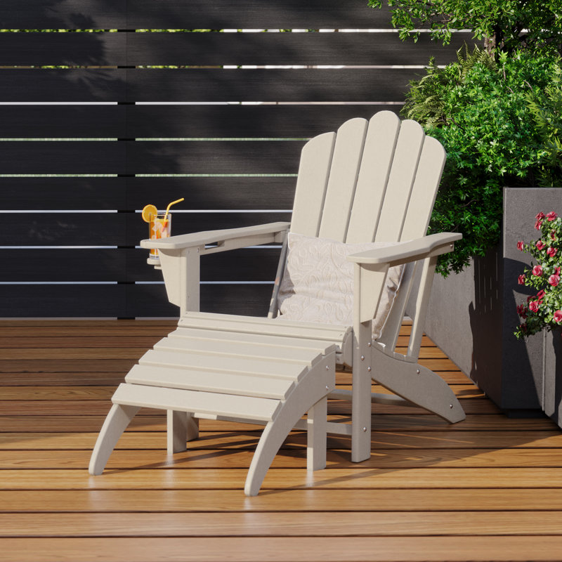 Outdoor Poly Adirondack Chair With Ottoman, Beige