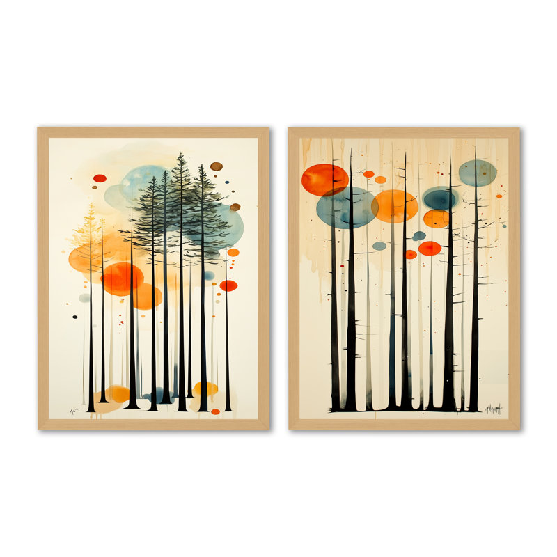 Silhouettes de forêt de pins de Summer Valley - Décoration murale en pin (lot de 2), 32" H x 48" W, Natural Picture Framed