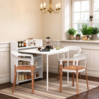White Drop Leaf Dining Table, Modern Folding Kitchen Table with 4-Tier Storage Shelves for Small Spaces