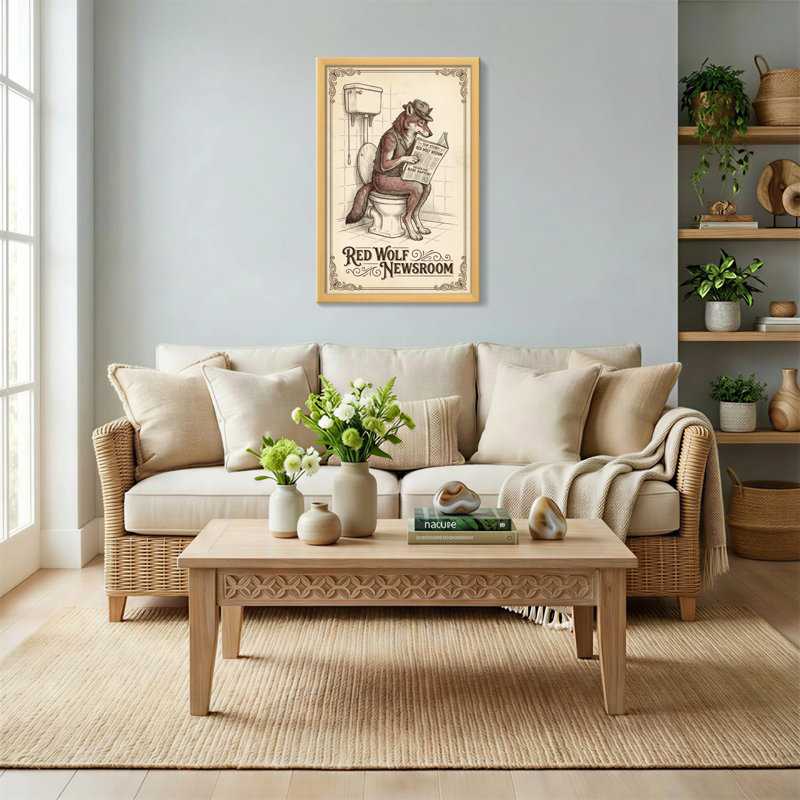 Bain et lessive loup rouge lisant le journal sur la toilette, H 18 po x l 12 po