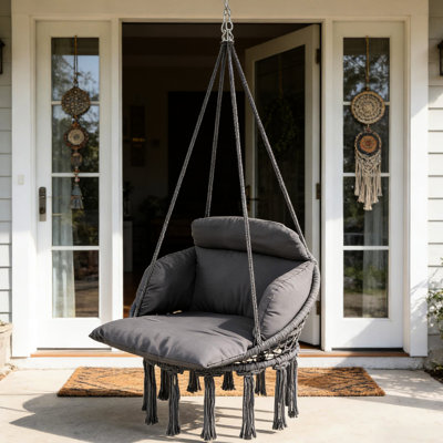 Balancelle pour la détente en plein air, coussin rembourré doux, coton 320 g / m², structure en acier sécuritaire, installation rapide, style à frange, limite de poids de 265 lb, suspension gris foncé, cou confortable