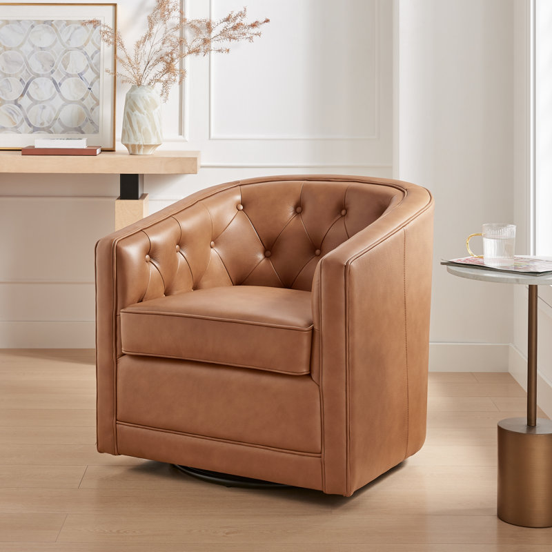 30" Tufted Top Grain Leather Swivel Barrel Chair, Caramel