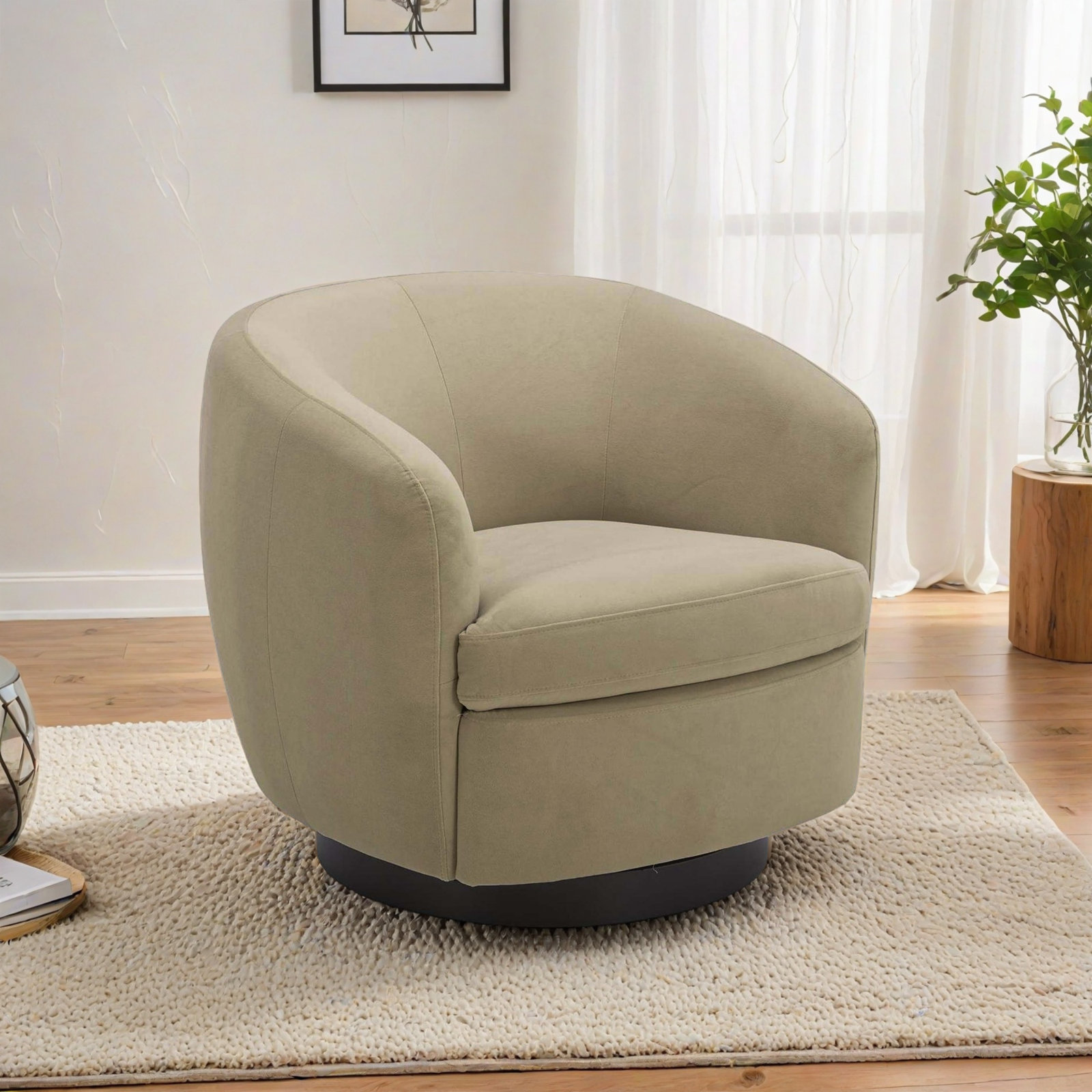 Marcy Upholstered Swivel Barrel Chair, Vesper Sand Velvet