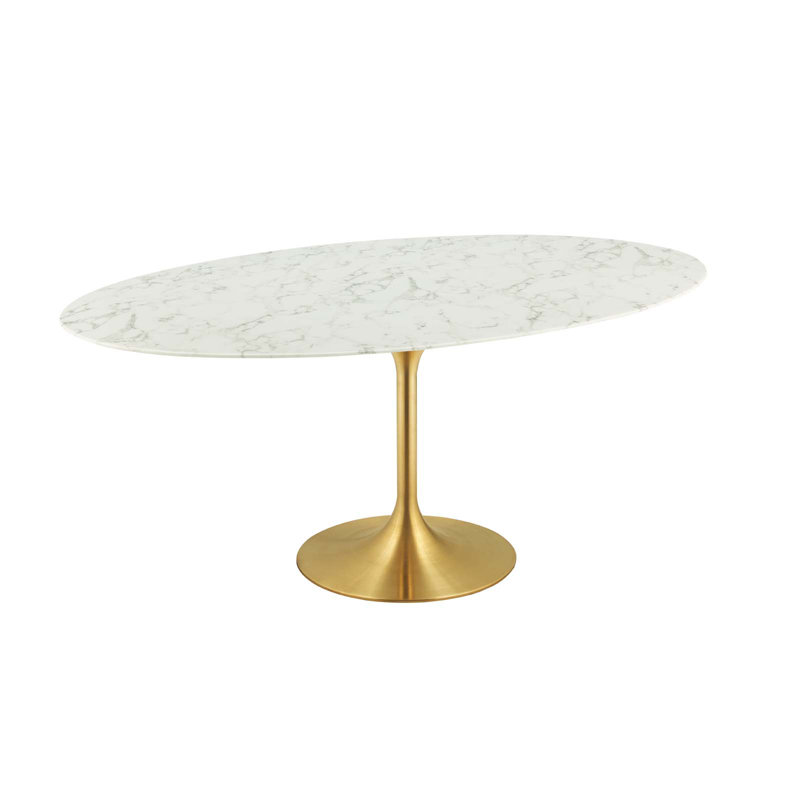 Modway Lippa Oval Artificial Marble Dining Table, Gold, White, 29.5" H x 78.5" L x 47" W
