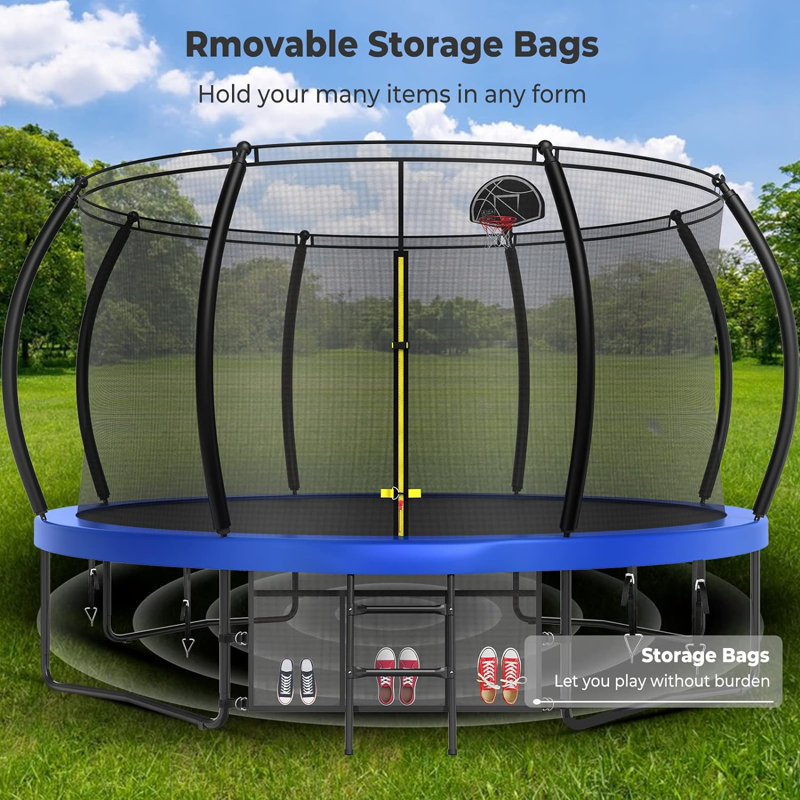 Sapphome Round Backyard Trampoline with Safety Enclosure, Blue/Black