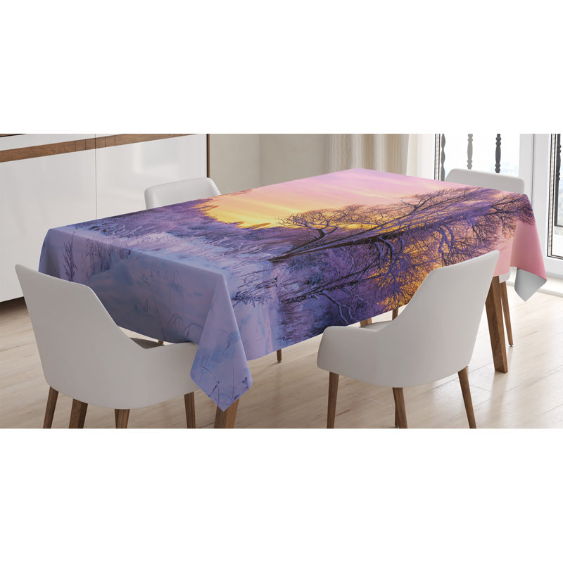 Ambesonne Forest Tablecloth, Winter Landscape With Sunset And Frozen Trees Ice Weather Blizzard Cold Days Image, Rectangular Table Cover For Dining Room Kitchen Decor, 60" X 90", Pink White