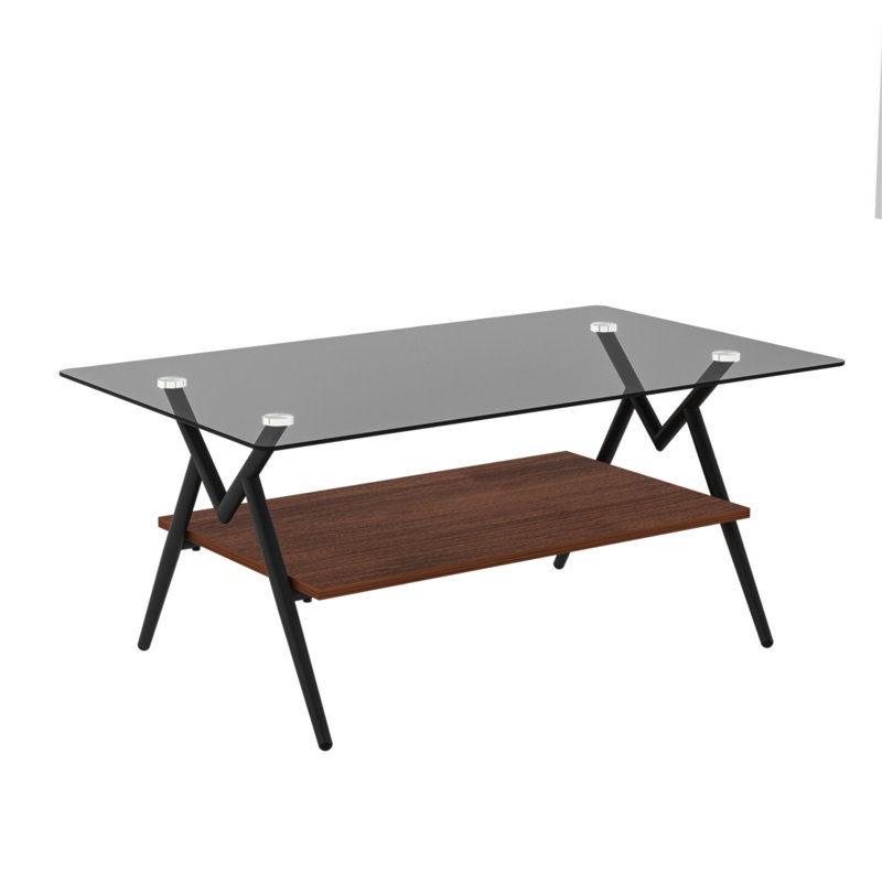 Rectangle Coffee Table With Tempered Glass Top And Brown MDF Shelf, Modern Table For Living Room, Gray Glass, Black