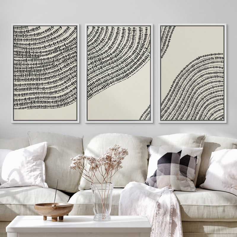 Line Art, géométrique, arbre en bois, anneau, impression sur toile, 3 pièces, H 24 po x l 48 po, Cadre flottant blanc