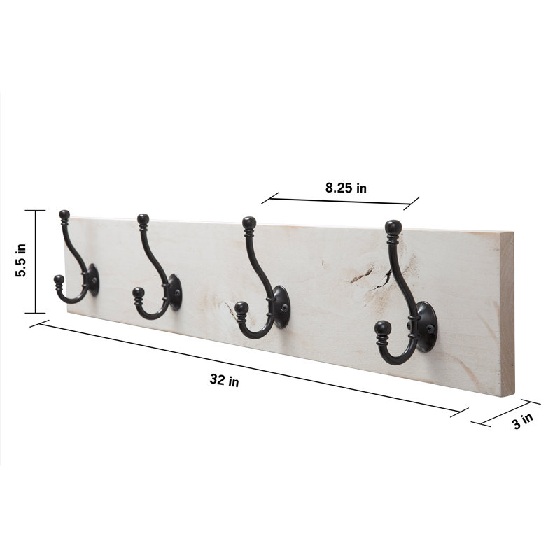 Abbotsford Solid Wood 4-Hook Wall Mounted Coat Rack, Whitewash