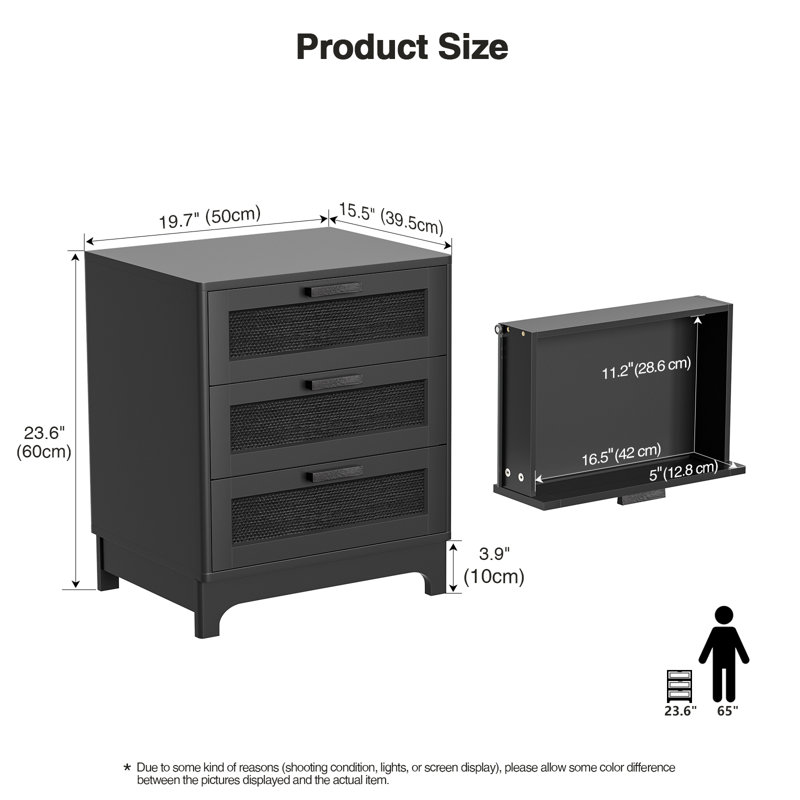 Cabhan 19.7"W Rattan Nightstand with 3 Drawers for Bedroom, Wood Bed Side Table Night Stand Black