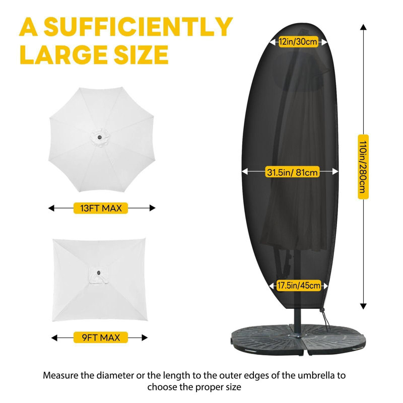 Patio Umbrella Covers Waterproof Outdoor Offset Banana Style Umbrella Cover With Rod - 420D Waterproof & Heavy Duty UV-Resistant Cover For 9-13Ft Outdoor Umbrella With Support Pole (Black)