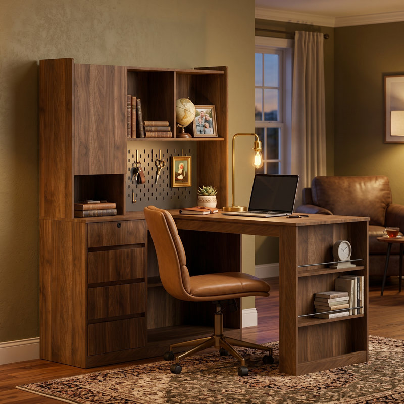 Bureau en coin en L 51,56 "avec tablettes de rangement et station de charge, bois, Right Hand Return, Brown