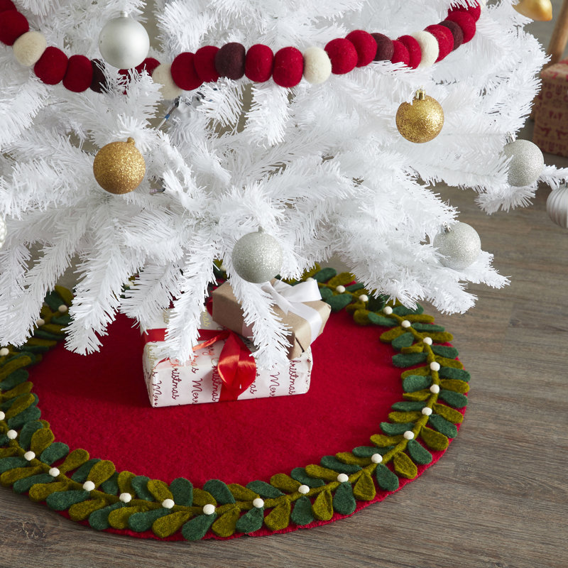 Handmade Red Felt Christmas Tree Skirt with Mistletoe Border
