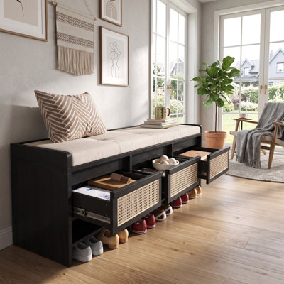 Banc à chaussures rétro avec compartiment caché et tiroirs en rotin - Solution de rangement polyvalente pour le couloir, le vestibule, le salon
