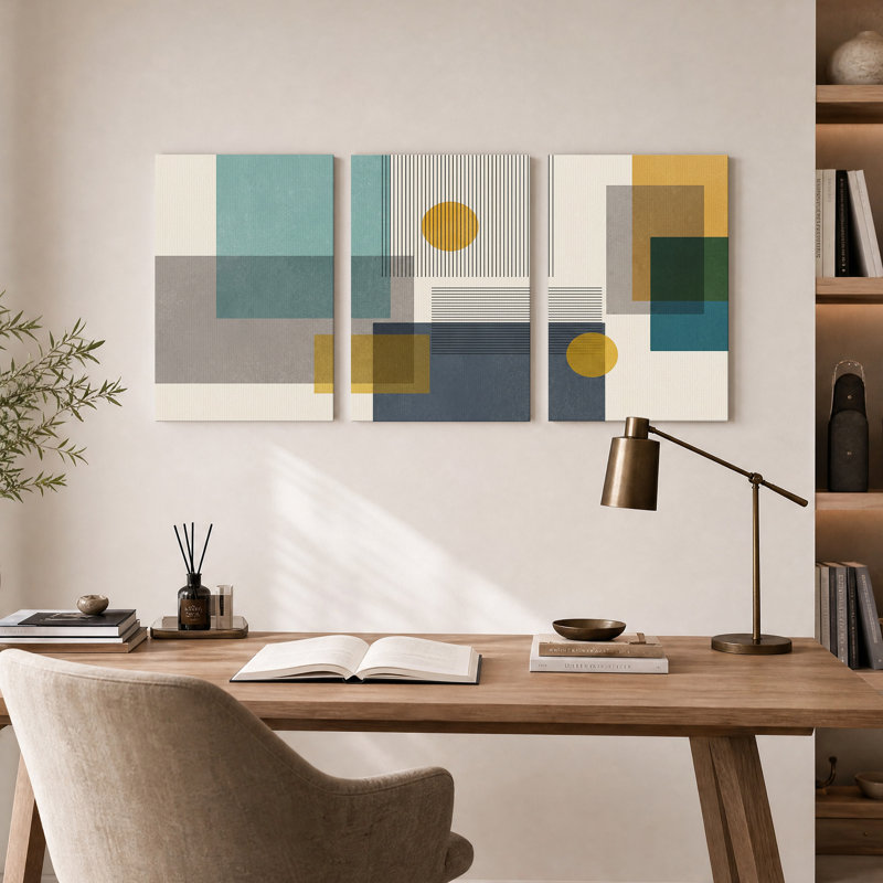 Ensemble de 3 toiles murales à motifs géométriques dans des tons bleu sarcelle et moutarde., 30"H x 20"W x 3pcs