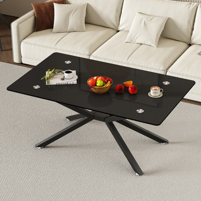 Table basse de 39,37 po rectangulaire en verre noir, design élégant avec pieds en métal noir, table basse de salon