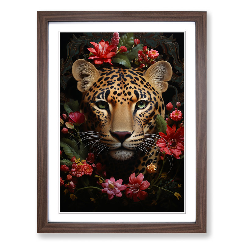 Leopard Rococo - Single Picture Frame Print on Wood, 64cm H x 46cm W x 2cm D, Walnut Framed