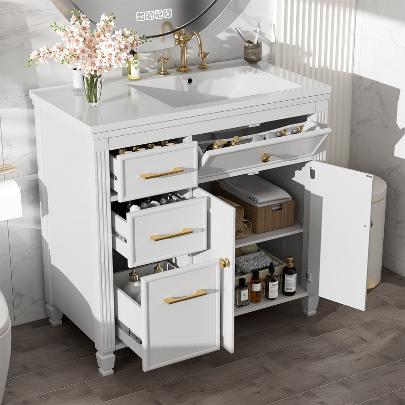 Meuble-lavabo simple 36 po avec lavabo en céramique, tablette réglable et tiroirs, Blanc