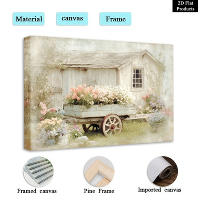  Textured Rustic Shed & Flower-Filled Cart Farm Wall Art - High-End Farmhouse Decor for Living Room
