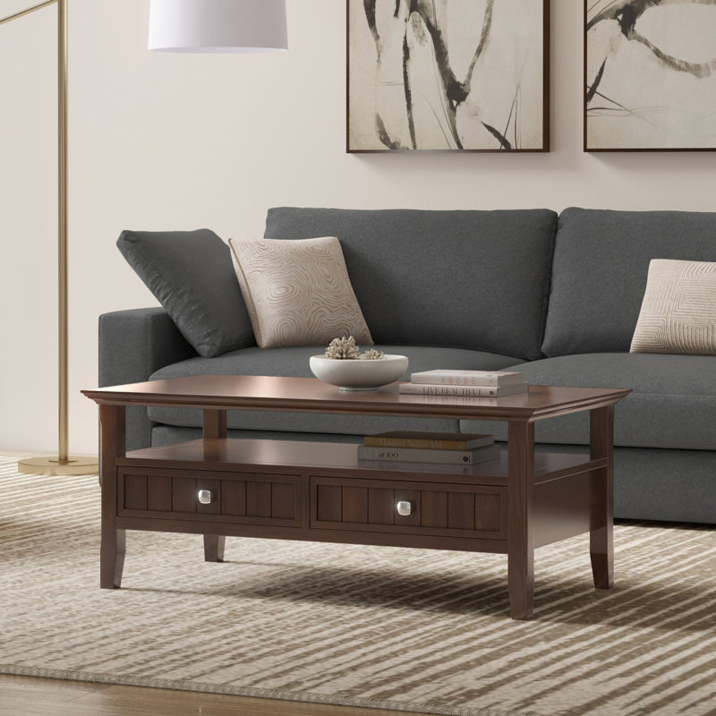 Acadian 48"W Solid Wood Transitional Coffee Table with 2 Drawers, Storage Shelf and Tapered Legs