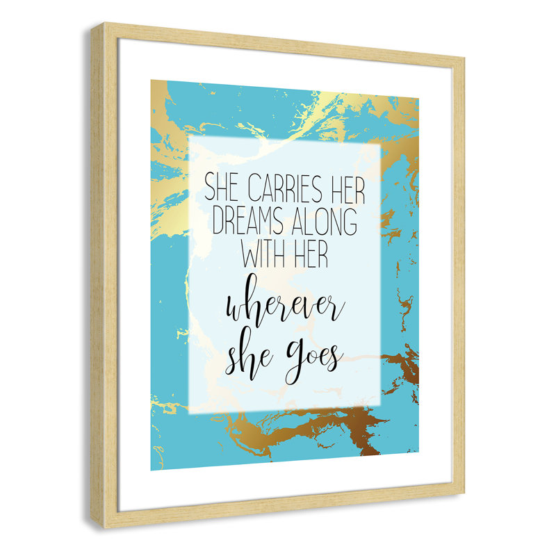 «Whereever she goes», art encadré, H 25,5 po x l 21,5 po x P 1,19 po, Encadré de boîte champagne