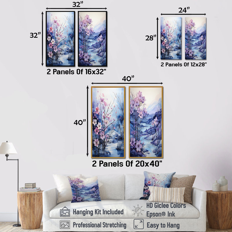 Frosty Blue River Landscape - ensemble de 2 décorations murales paysage, Toile tendue, H 28 po x l 25 po