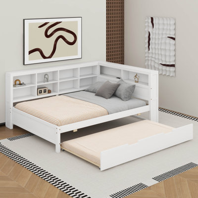 Lit de jour double en bois avec couchette, tablette de rangement et ports de chargement USB
