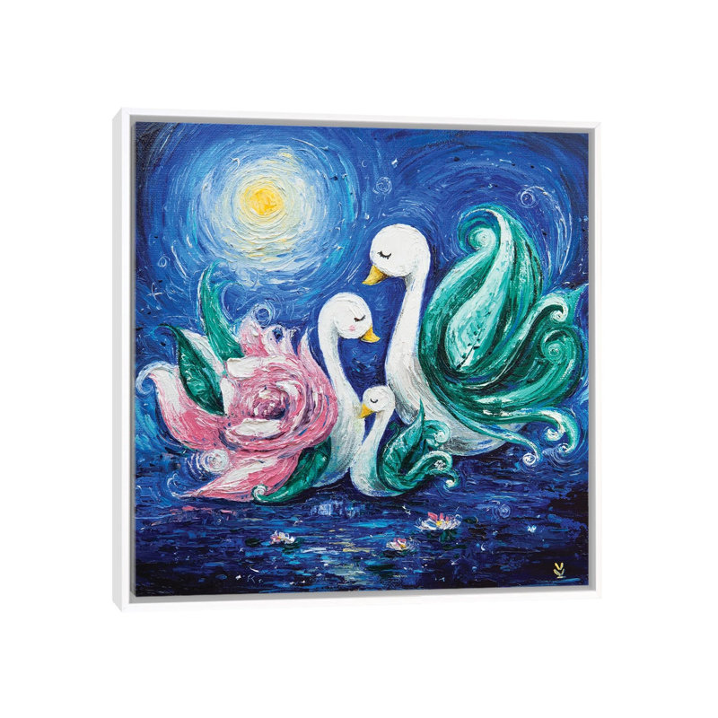 Swans by Vlada Koval - Painting on Canvas, 66.04 cm H x 66.04 cm W, White Framed