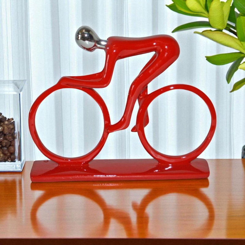 Rider on His Bicycle Figurine - Ambre Stylish Resin Statue Featuring Shiny Chrome Head Design Art, Red