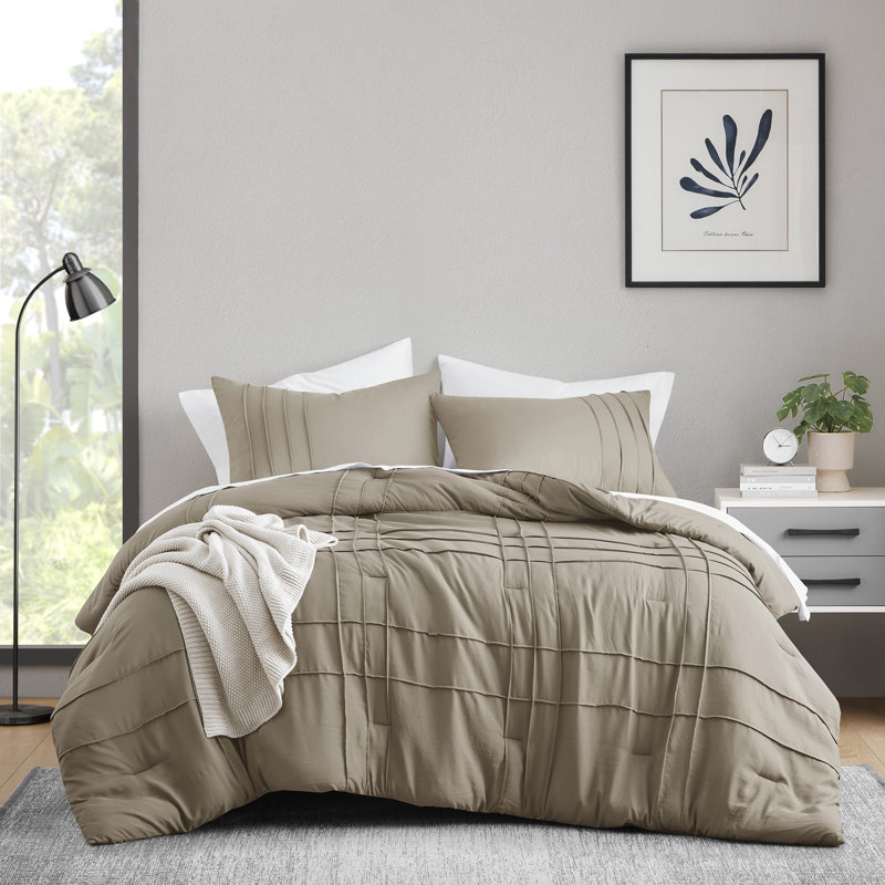 Porter Soft Washed Pinch Pleated Comforter Set, Khaki, California King Comforter + 2 King Shams