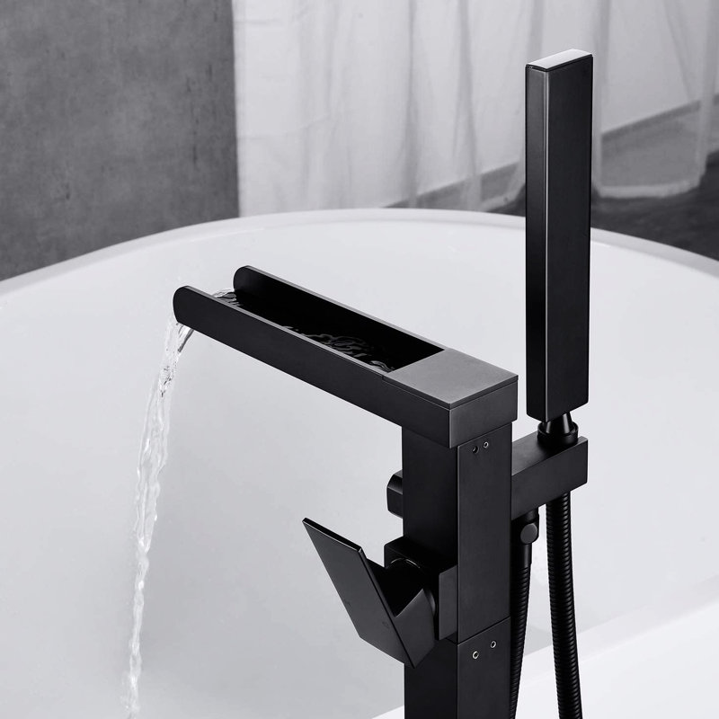 Matte Black Floor Mounted Tub Filler With Waterfall Spout And Detachable Hand Shower - Rust Fixture Bathroom Flexible