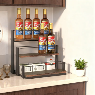 3-Tier Coffee Syrup Organizer Rack With Rustic Wood And Metal Wire Design, 12-Bottle Display Holder For Coffee Station And Bar Accessories