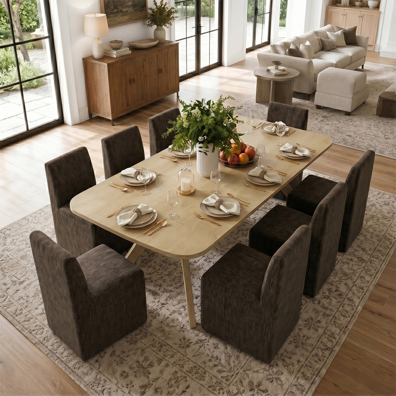 Ensemble de table de salle à manger extensible de 96 pouces avec 8 chaises de salle à manger rembourrées en chenille à roulettes