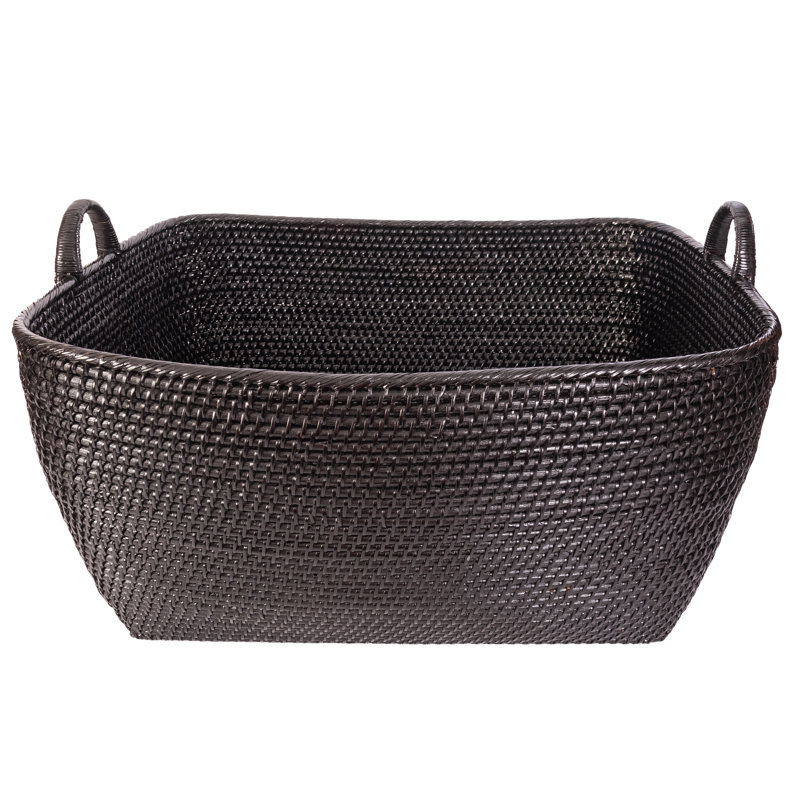 Thelma Handmade Rattan Basket With Handles 1, 14" H x 25" W x 22" D, Tudor Black