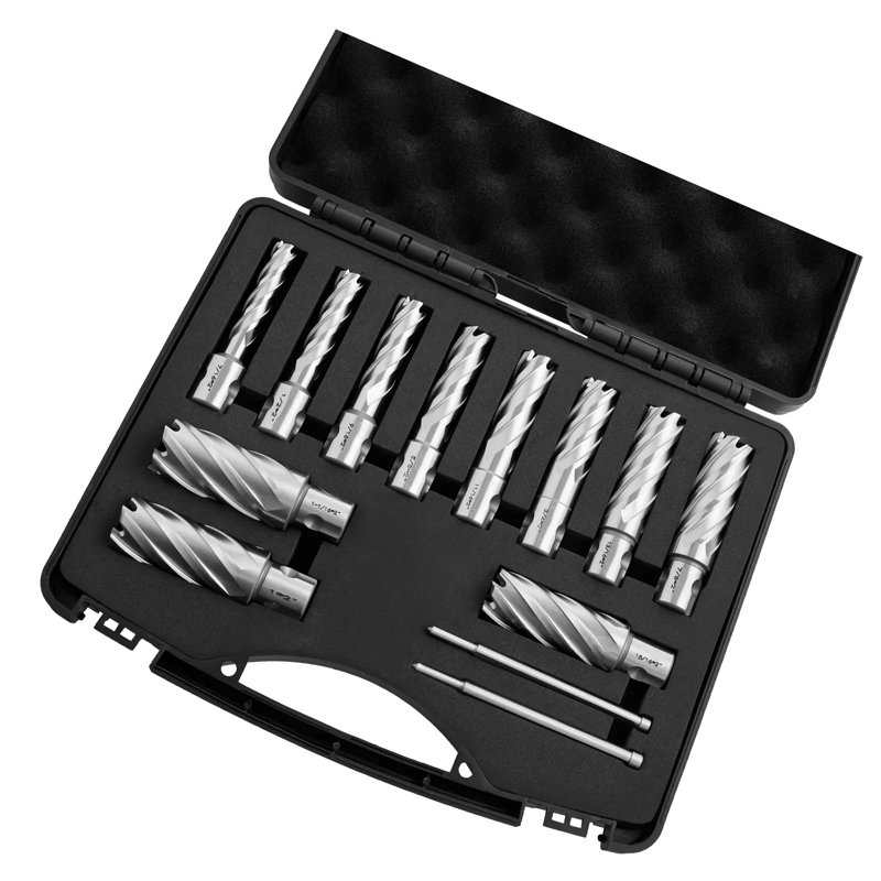Ensemble de fraises annulaires 13 pièces, ensemble de mèches universelles à tige magnétique avec une profondeur de coupe de 2 po, un diamètre de coupe de 7/16 po à 1-1 / 16 po, comprend 11 mèches et 2 goupilles dans un boîtier en plastique pour perceuses magnétiques et acier