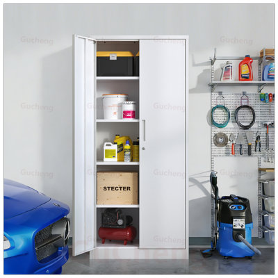 Armoire de rangement de garage en métal durable avec 4 tablettes réglables et portes verrouillables pour un rangement sûr des outils et des dossiers