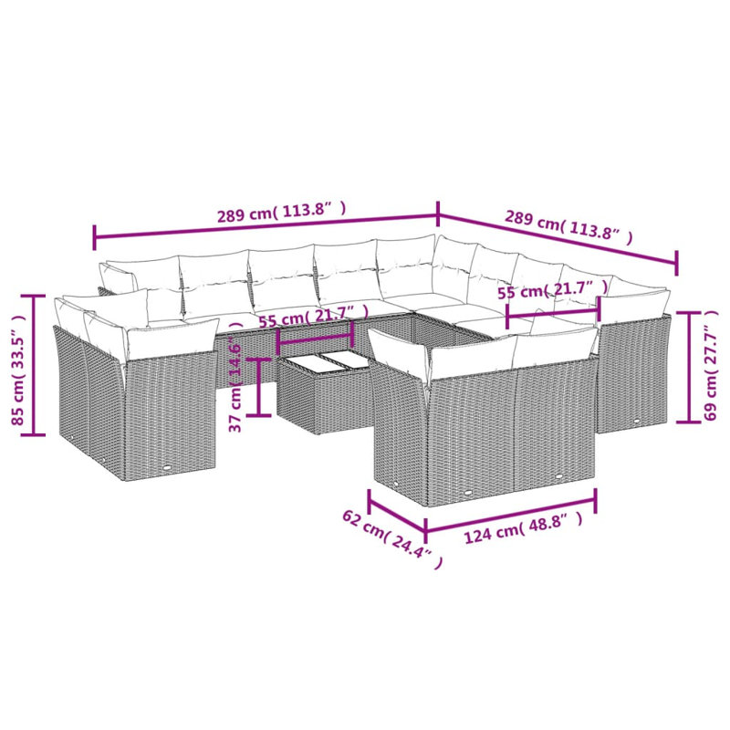 Ensemble de canapé de patio 14 pièces avec coussins en rotin de polyester, Gris, Marine