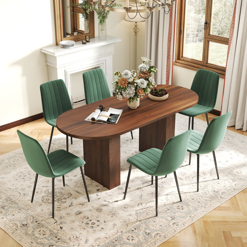 Mid Century Oval Pedestal Dining Table Sets, 7 Pieces: Table, 6 Chairs, Green, Walnut
