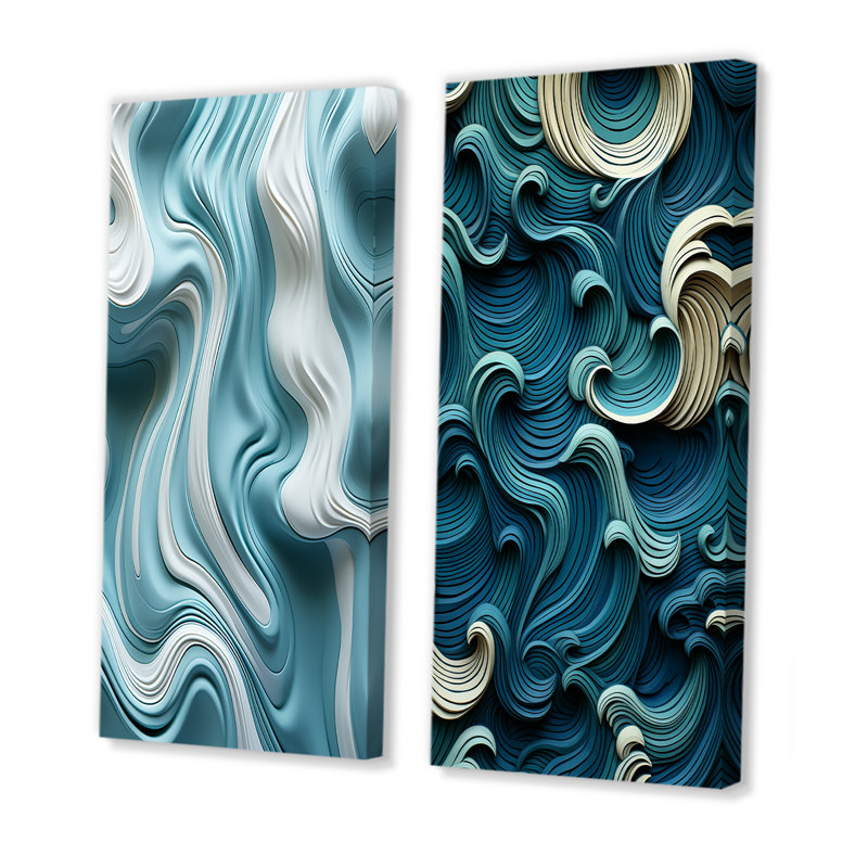 «Blue and White Wave Tiles Impressions I - Abstract Modern Waves», ensemble de 2 reproductions d'art mural, Toile tendue
