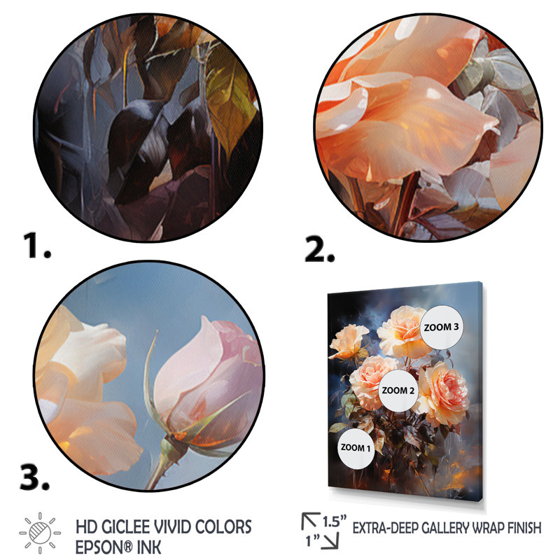 «Colsten Peach Roses Romantic Impression I», reproduction sur toile, H 44 po x l 34 po x P 1,5 po, Cadre flottant noir