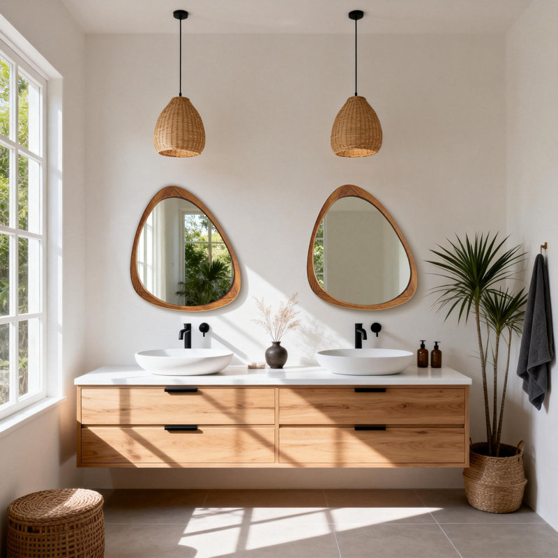 Asymmetrical Accent Decorative Wall Mirror, Solid Wood Frame – Boho Modern Mirror For Entryway Or Vanity, Natural Wood