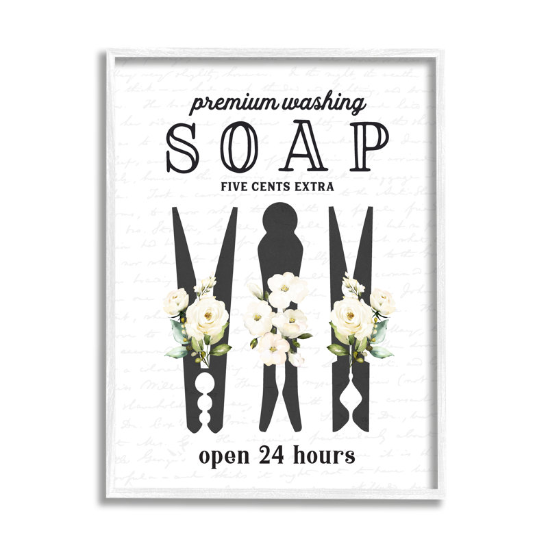 Floral, pince à linge Silhouettes, L 24 po x H 30 po, Giclée encadrée blanc bord de mer