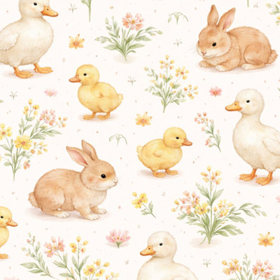 Peel and Stick Wallpaper Watercolor Ducks Rabbits Seamless Wildflowers Soft Pastel Cottagecore Contact Paper Removable Self Adhesive Wall Mural Wall Decor for Bedroom Kitchen Cabinets 17.7in x 118in