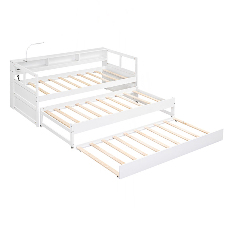 Modern Style Daybed With 2 Trundles And 3 Storage Cubbies, White