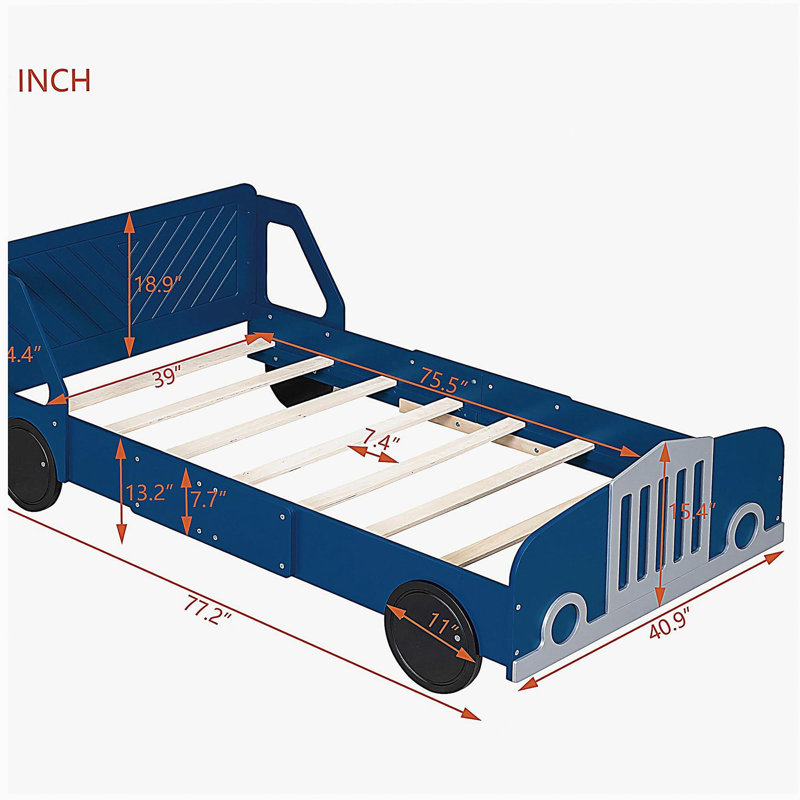 Lit plateforme en forme de voiture avec roulettes, Bleu