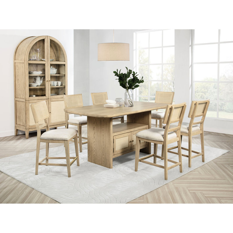 Table de salle à manger 8 places en chêne beige, table rectangulaire, chaises rembourrées et vitrine pour salle à manger rétro