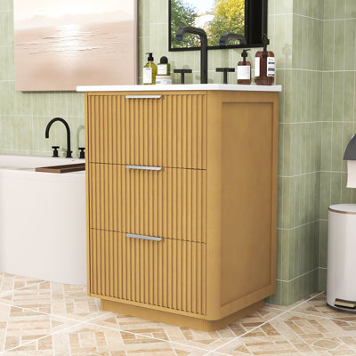 Meuble-lavabo autoportant peu encombrant avec lavabo en céramique et tiroirs de rangement pour petits espaces