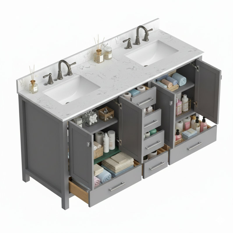 Ensemble de meuble-lavabo double 60 po, structure en bois massif, gris, Gris